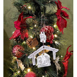 Nativity Set, Mary, Joseph and Baby Jesus, Wood Etched Christmas Ornaments, Angle, Stable