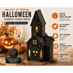 Lighted Haunted Church Halloween Decor, Wooden Tabletop Village