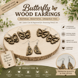 Butterfly Wing Wooden Dangle Earrings, Etched