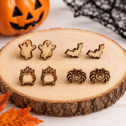 Halloween Ghost Bat Spider Cauldron hypoallergenic Stud Earrings – Handmade Wooden Spooky Jewelry