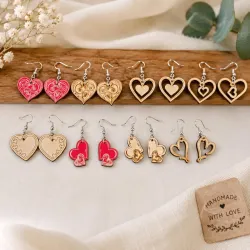 Handmade Wooden Heart Earrings Set, Laser Etched