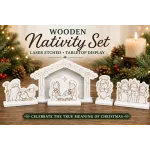 Wood Etched Nativity Set, Mary, Joseph, Baby Jesus, Shepherds, Angel, Wise Men (5-Piece)