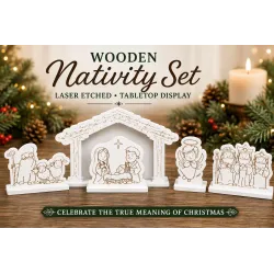 Wood Etched Nativity Set, Mary, Joseph, Baby Jesus, Shepherds, Angel, Wise Men (5-Piece)