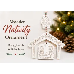 Nativity Set, Mary, Joseph and Baby Jesus, Wood Etched Christmas Ornaments, Angel, Stable