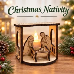 Wood Nativity Scene with LED Light, Miniature DIY Kit or Assembled Christmas manger gift